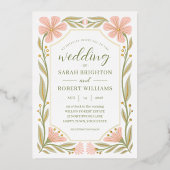 Perzik roze & salie groen Art Nouveau wilde bloem Folie Uitnodiging (Voorkant)