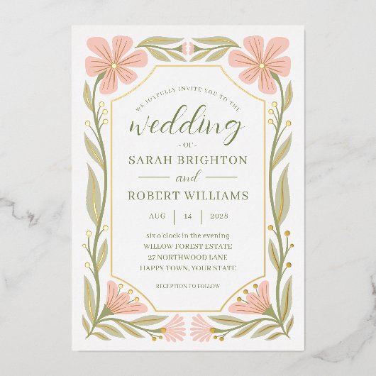 Perzik roze & salie groen Art Nouveau wilde bloem Folie Uitnodiging (Voorkant)