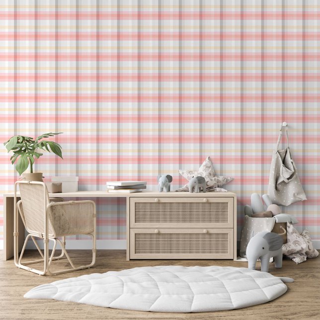 Perzik Roze Taupe Beige Grijs Geel Plaid Patroon Behang (Creator heeft geüpload)