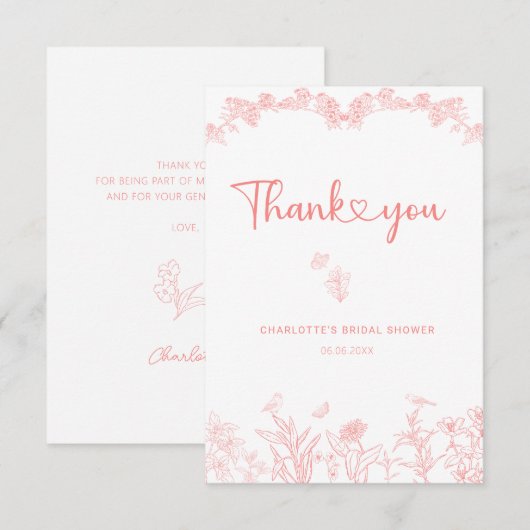 Perzik Roze Tuin Chinoiserie Bruidsdouche Bedankkaart (Voorkant / Achterkant)