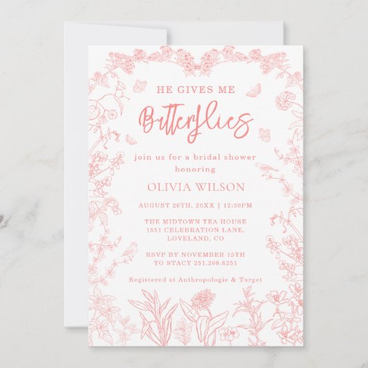 Perzik roze vlinders Chinoiserie Vrijgezellenfeest Kaart (Voorkant)