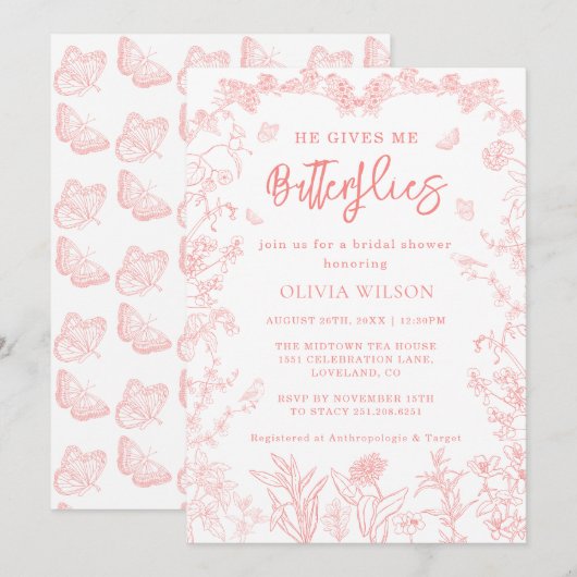 Perzik roze vlinders Chinoiserie Vrijgezellenfeest Kaart (Voorkant / Achterkant)