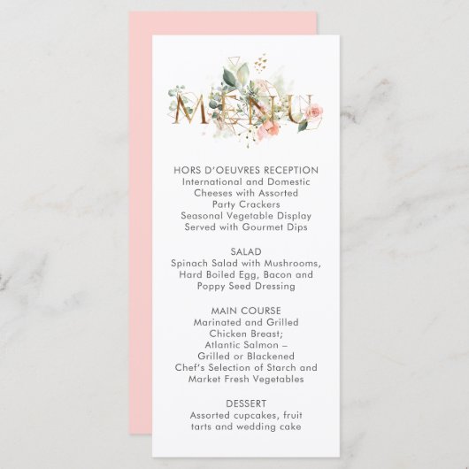 Perzik Roze Wit Bloemen Gestileerde Bruiloft Menu (Voorkant / Achterkant)