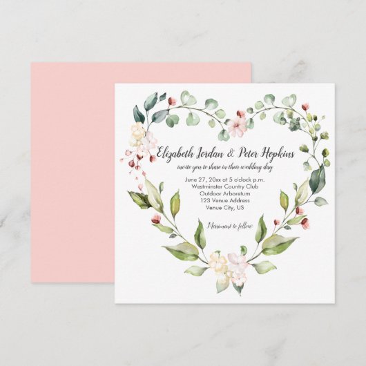 Perzik roze wit groen bloemenhart krans bruiloft kaart (Voorkant / Achterkant)