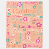 Perzik roze witte aqua bloem en naam deken (Voorkant)