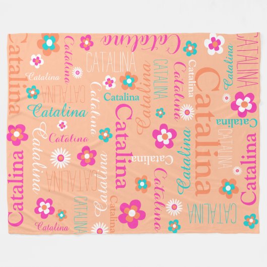 Perzik roze witte aqua bloem en naam deken (Voorkant (Horizontaal))