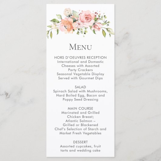 Perzik Roze Witte Bloemboeket Menu Kaartjes (Voorkant)
