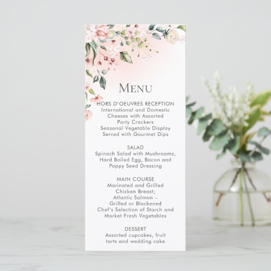 Perzik Roze Witte Bloemen Menu Kaarten (Staand voorkant)