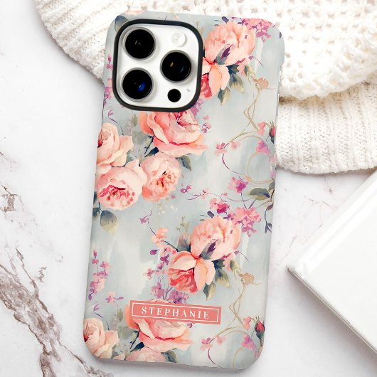 Perzik Rozen Aangepaste Naam Bloemen Case-Mate iPhone Case