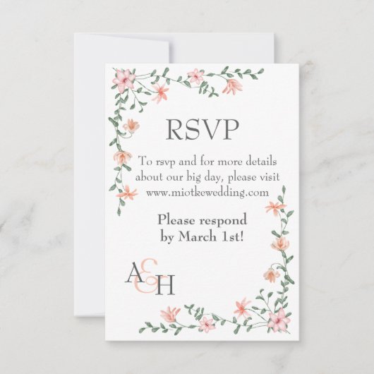 Perzik Rozen, Bladgroene wijnstok bruiloft RSVP Ka Kaartje (Voorkant)