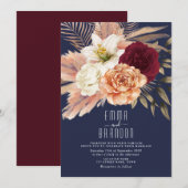 Perzik Rozen Bloemen Bourgondië Navy Blauw Bruilof Kaart (Voorkant / Achterkant)