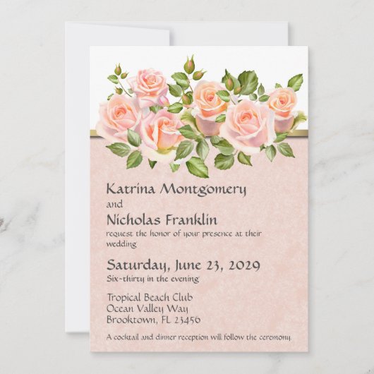 Perzik Rozen op wit met gouden bruiloft Kaart (Voorkant)