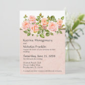 Perzik Rozen op wit met gouden bruiloft Kaart (Staand voorkant)