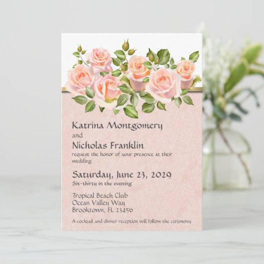 Perzik Rozen op wit met gouden bruiloft Kaart (Staand voorkant)