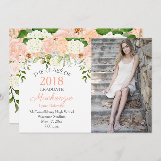 Perzik Rozen Witte Hydrangeas Foto Afstuderen Aankondiging (Voorkant / Achterkant)