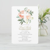 Perzik Rozen Witte Kruis Meisje Eerste Heilige Com Kaart (Staand voorkant)