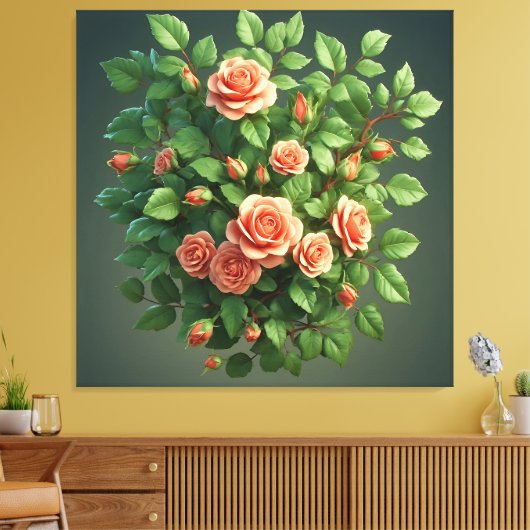 Perzik Rozenboeket Met Groene Tinten Canvas Afdruk (Insitu (Woonkamer))
