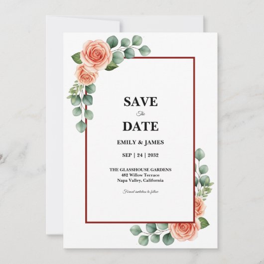 Perzik Rozenwaterverf Eucalyptus Rand Bewaar de  Save The Date (Voorkant)