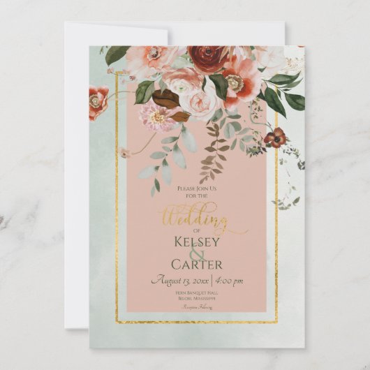 Perzik & Rust Bloemen Groene Waterverf Bruiloft Kaart (Voorkant)