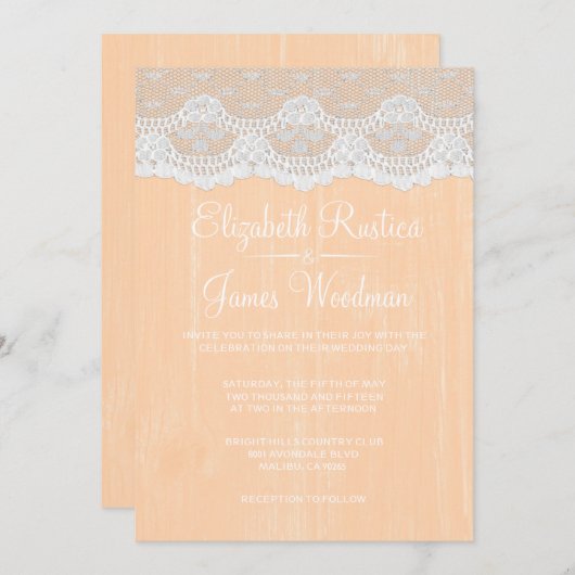 Perzik Rustic Lace & Barn Wood Wedding Invitations Kaart (Voorkant / Achterkant)