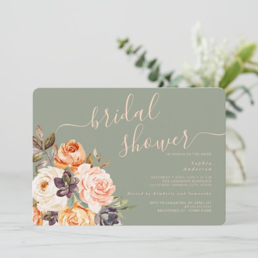 Perzik Sage Bloemen Bruids Douche Uitnodiging (Staand voorkant)