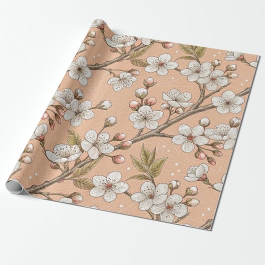 Perzik Sakura Takken Witte Bloem Botanisch Cadeaupapier (Uitgerold)