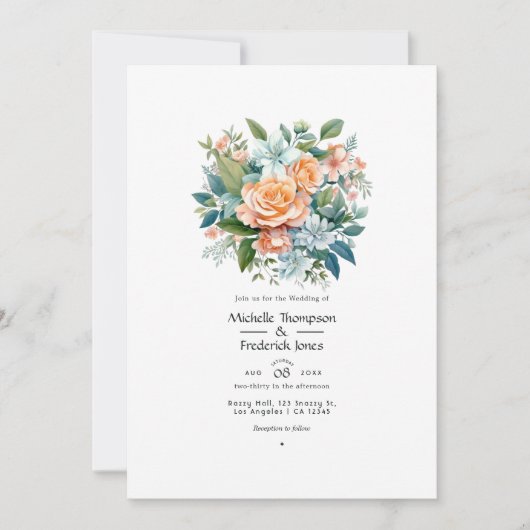 Perzik, salie en lichtblauw bloemenbruiloft kaart (Voorkant)