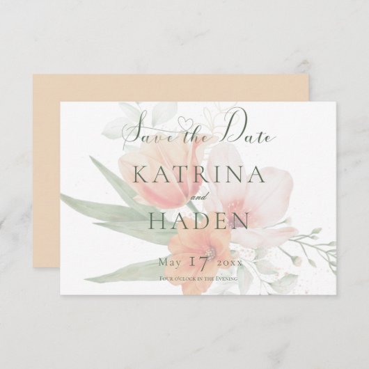 Perzik & Salie Groene Bloemen Bruiloft Save The Date (Voorkant / Achterkant)