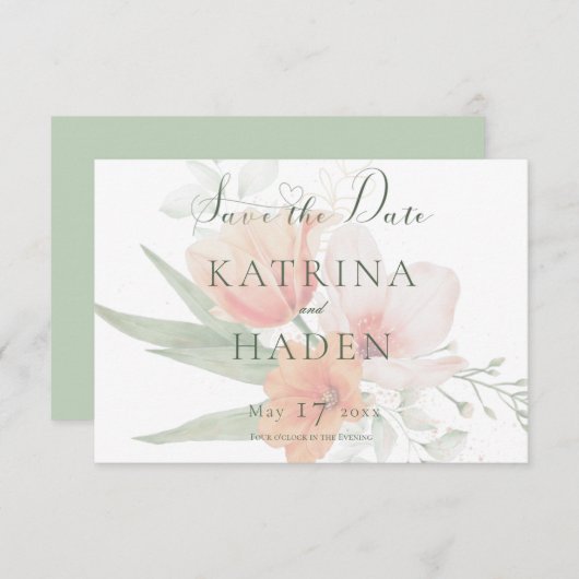 Perzik & Salie Groene Bloemen Bruiloft Save The Date (Voorkant / Achterkant)