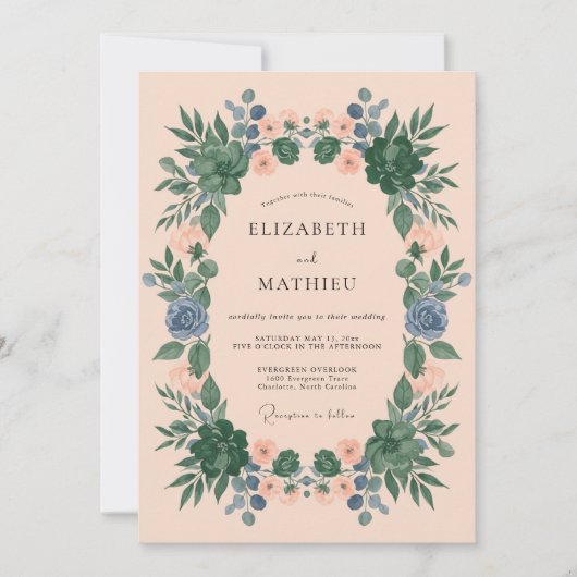 Perzik Serene Botanische Bruiloft Kaart (Voorkant)