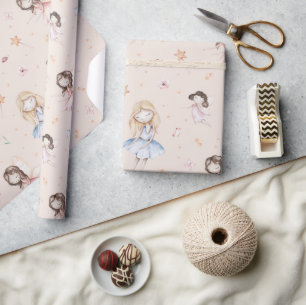 Perzik Sfeer Meisjes Bloemen Vleugels Toverstaf Vl Cadeaupapier