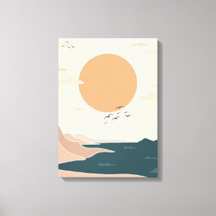Perzik Sinaasappel en Blauwgroen Illustrated Canva Canvas Afdruk