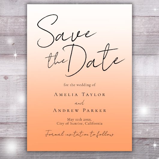 Perzik Sinaasappel Fuzz Elegant Script Modern Mini Save The Date