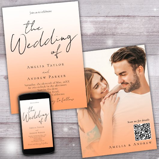 Perzik Sinaasappel Fuzz Elegante Foto QR Code Brui Kaart