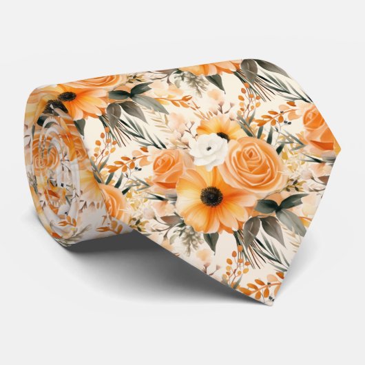 Perzik Sinaasappel Gouden Rozen Bloemen Bloemen Stropdas (Opgerold)