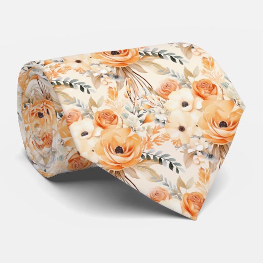 Perzik Sinaasappel Gouden Rozen Bloemen Bloemen Stropdas (Opgerold)