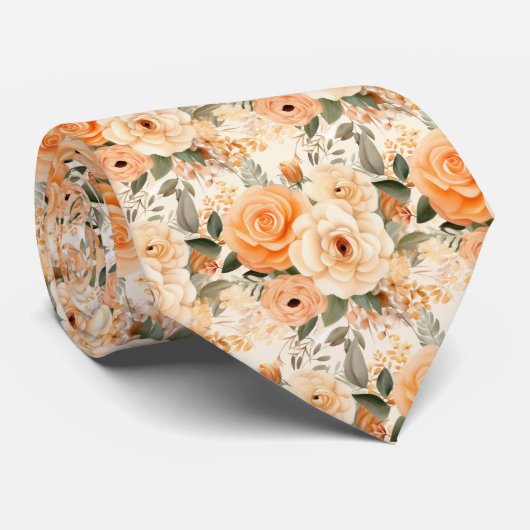 Perzik Sinaasappel Gouden Rozen Bloemen Bloemen Stropdas (Opgerold)