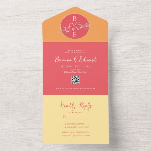 Perzik Sinaasappel Monogram Bruiloft All In One Uitnodiging (Binnen)