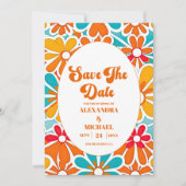 Perzik Sinaasappel Retro Wave Groovy 70s bruiloft Save The Date (Voorkant)