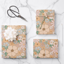 Perzik Sinaasappel, Roze Grijs, Bloemen, 3 set Inpakpapier Vel