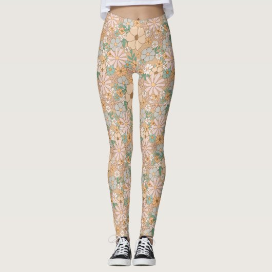 Perzik Sinaasappel Roze Grijs Bloemen Leggings (Voorkant)