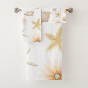 Perzik Strand Schelpen & Bloemen Moderne Glamour Bad Handdoek