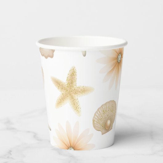 Perzik Strand Zeeschelpen & Bloemen Zomer Chique P Papieren Bekers (Achterkant)