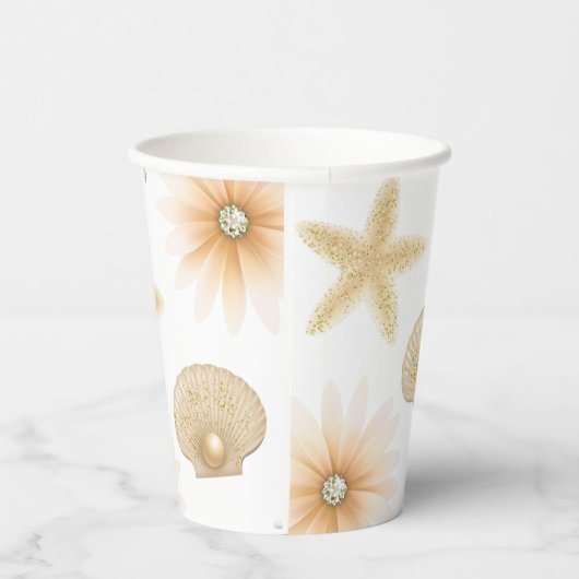 Perzik Strand Zeeschelpen & Bloemen Zomer Chique P Papieren Bekers (Rechts)