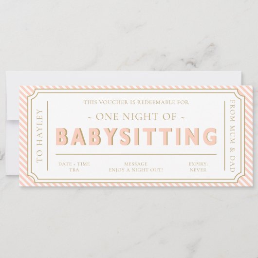 Perzik Streep Babysitting Gift Voucher Kaart (Voorkant)
