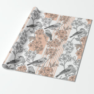 Perzik Streep Bloemrijke Vogel Elegant (1) Cadeaupapier