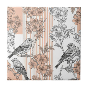 Perzik Streep Bloemrijke Vogel Elegant (1) Tegeltje