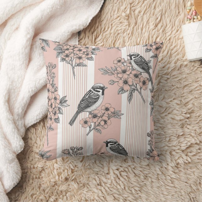 Perzik Streep Bloemrijke Vogel Elegant (2) Kussen (Deken)