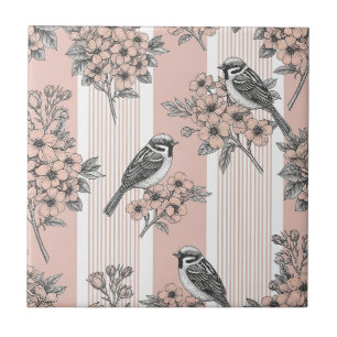 Perzik Streep Bloemrijke Vogel Elegant (2) Tegeltje