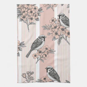Perzik Streep Bloemrijke Vogel Elegant (2) Theedoek